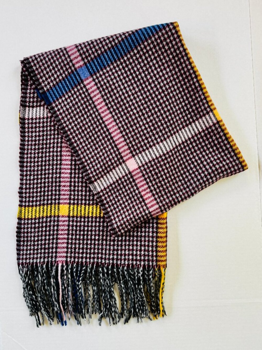 Oversized Unisex Houndstooth Blanket Scarf Pink Blue Yellow Plaid Fringe NWOT